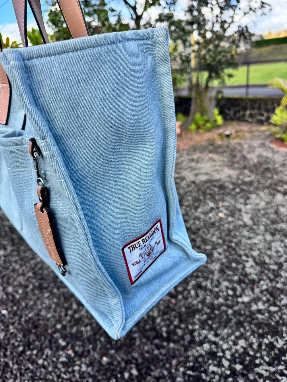 True Religion Light Wash Denim Tote Bag Large Horseshoe Shopper